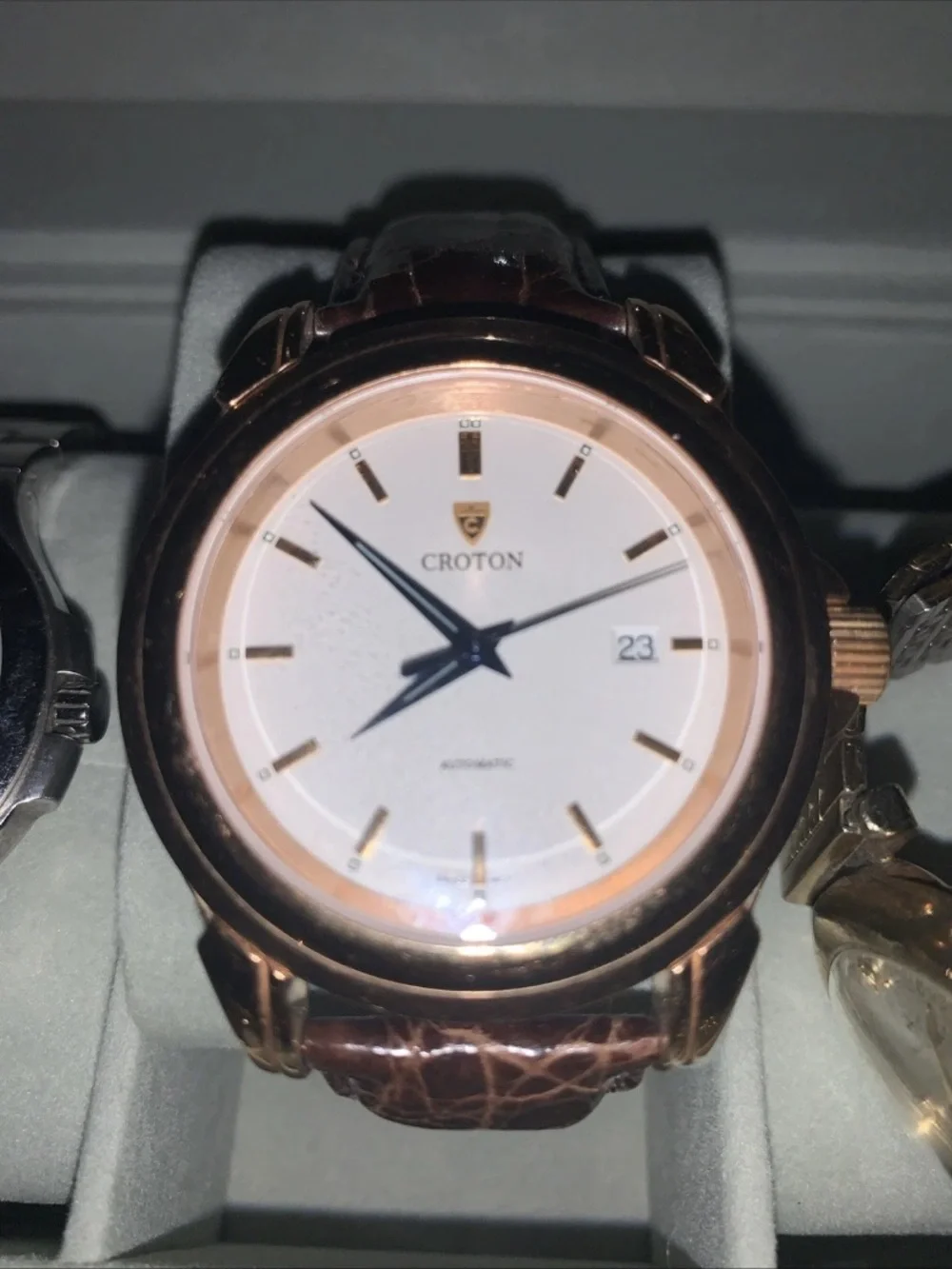 Croton Rose Gold Tone Watch with White Dial and Brown Leather Strap